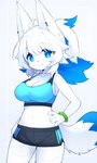 5_fingers accessory ahoge anthro athletic_wear big_breasts black_nose blue_body blue_eyes blue_fur blue_hair blush blush_lines bottomwear bra bracelet breasts claws cleavage clothed clothing dipstick_tail dolphin_shorts ear_piercing female female_anthro finger_claws fingers fur gym_bottomwear gym_shorts hair hair_accessory hand_on_hip hotpants jewelry kemono looking_at_viewer markings midriff multicolored_hair multicolored_tail navel piercing ponytail shorts smile smiling_at_viewer solo sports_bra tail tail_markings two_tone_hair underwear white_body white_fur white_hair workout_clothing devil-vox bella_(devil-vox) canid canine canis mammal wolf 2022 absurd_res digital_media_(artwork) hi_res portrait three-quarter_portrait