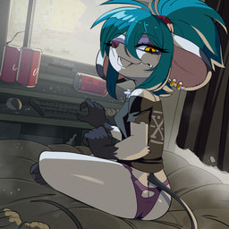 5_fingers accessory anthro bed bedding beverage_can black_body black_clothing black_fur black_panties black_shirt black_t-shirt black_topwear black_underwear blue_hair breasts buckteeth butt clothing computer_keyboard computer_monitor computer_mouse crumbs detailed_background ear_piercing ear_ring eyebrow_through_hair eyebrows eyelashes eyeshadow female fingers fur furniture hair hair_accessory hairband half-closed_eyes long_hair looking_at_viewer looking_back makeup multicolored_body multicolored_fur narrowed_eyes panties piercing ponytail purple_eyeshadow ring_piercing shirt sitting small_breasts solo t-shirt teeth topwear torn_clothing translucent translucent_hair two_tone_body two_tone_fur underwear white_body white_fur yellow_eyes drawligator nickelodeon spongebob_squarepants bianca_(drawligator) spongebob_squarepants_(character) mammal mouse murid murine rodent 1:1 2026 absurd_res hi_res