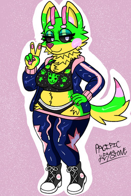 anthro black_sclera bottomwear clothing female fluffy fluffy_tail fur green_body green_fur overweight overweight_female pants sagging_pants slightly_chubby sofubi solo space tail thick_thighs thong tight_bottomwear tight_clothing tight_pants underwear wide_hips pacifickeystone alien canid canine mammal 2:3 hi_res