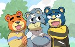 anthro black_nose blue_body blue_fur blush brown_body brown_fur clothing eyes_closed fur group humanoid_hands kemono male outside scar shirt slightly_chubby topwear tekimi animal_crossing nintendo curt_(animal_crossing) groucho_(animal_crossing) teddy_(animal_crossing) bear mammal 2021