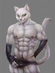 abs anthro armwear body_hair bulge clothing elbow_gloves fur gloves green_eyes half-closed_eyes handwear happy_trail male muscular muscular_anthro muscular_male narrowed_eyes pecs pubes smile solo suggestive underwear undressing whiskers white_body white_fur yellow_sclera bleakcat bleakcat_(character) domestic_cat felid feline felis mammal