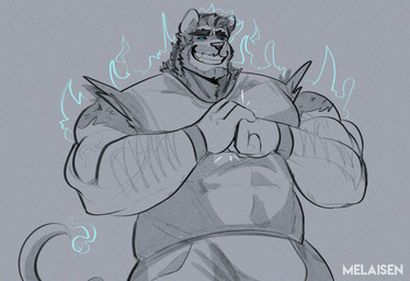 anthro arm_hair barazoku beard black_sclera blue_eyes body_hair bulge clothed clothed_anthro clothed_male clothing eyebrows facial_hair fire grin male male_anthro muscular muscular_anthro muscular_male shirt smile smoke solo tail teeth text topwear melaisen demon felid mammal pantherine 2023 absurd_res artist_name digital_drawing_(artwork) digital_media_(artwork) half-length_portrait hi_res partially_colored portrait