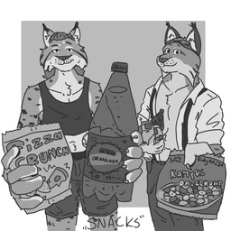 anthro beverage_bottle bottle bottomwear candy chips_(food) claws clothed clothing container countershade_face countershade_torso countershading crop_top denim denim_bottomwear denim_clothing denim_shorts dessert duo ear_tuft eyewear eyewear_on_head food fur goggles goggles_on_head holding_bottle holding_container holding_object looking_at_viewer male male/male markings open_clothing open_shirt open_topwear shirt shorts smile soda_bottle spots spotted_body spotted_fur suspenders topwear tuft ricky_arts felid feline humanoid lynx mammal 1:1 2024 black_and_white monochrome