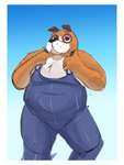 anthro black_nose border brown_body clothing humanoid_hands male overalls overweight overweight_male simple_background solo white_body white_border hickeybickeyboo animal_crossing nintendo booker_(animal_crossing) canid canine canis domestic_dog mammal 2021 3:4 hi_res