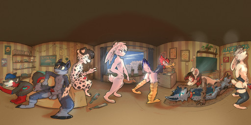 anthro female group living_room male male/female male/male masturbation oral panorama panoramic text vaginal ratcha alvcard zack_(thezackrabbit) avian bird canid canine canis dalmatian domestic_dog lagomorph leporid mammal murid murine rabbit rat rodent 2:1 absurd_res english_text hi_res huge_filesize