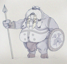 anthro belly big_belly bottomwear bulge clothing loincloth male melee_weapon moobs navel nipples overweight overweight_male polearm shield simple_background solo spear weapon jasharts aquatic mammal pinniped tuskarr walrus 2025 hi_res
