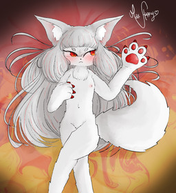 anthro bed embarrassed female flat_chested fur furniture hair long_hair on_bed pawpads red_eyes solo tail white_body white_fur young young_female maxhappy angry_fox_(maxhappy) canid canine fox mammal absurd_res hi_res