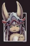 anthro blush female fur gesture hair hand_gesture kemono looking_at_viewer open_mouth simple_background smile solo v_sign white_hair young sadleen made_in_abyss nanachi lagomorph leporid mammal narehate rabbit 2019 digital_media_(artwork) hi_res