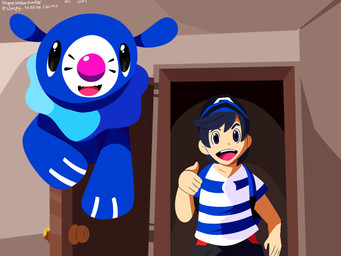ambiguous_gender black_eyes black_hair blue_body clothing duo fangs feral hair hat headgear headwear looking_at_viewer male markings open_mouth shirt t-shirt teeth tongue topwear whisker_markings sleepy_sealion nintendo pokemon elio_(pokemon) generation_7_pokemon human mammal pokemon_(species) popplio 2025 4:3 absurd_res dated hi_res meme signature