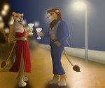 anthro barefoot beverage brown_hair clothed clothing dress duo evening feet female hair hindpaw holding_beverage holding_object male night outside paws romantic scenery suit rahir mood felid lion mammal pantherine 2022 6:5 dated digital_media_(artwork) hi_res