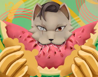 anthro bite blind_eye bodily_fluids brown_hair food fruit hair hand_holding liquid male melon plant red_eyes saliva scar simple_background solo stare tan_body watermelon watermelon_slice the_snow_irbis meowdas felid feline mammal hi_res portrait