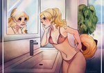 blonde_hair bra breasts clothing female hair inside looking_at_reflection mid_transformation mirror navel open_mouth plant plant_pot potted_plant sink solo species_transformation surprise transformation underwear nakitacat canid human mammal 2022