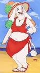 anthro beach big_breasts big_butt bikini bikini_bottom bikini_top blue_eyes blush bottomwear breasts butt clothing colored_nails container cup curvy_figure detailed_background ear_tuft exposed_feet female footwear fur green_hair hair hat headgear headwear highlights_(coloring) jewelry nails navel necklace orange_hair outside palm_tree pawpads pink_nose plant red_bikini red_clothing red_sarong red_swimwear sand sandals sarong sea seaside shoes skirt slightly_chubby slightly_chubby_female smile solo split_color_hair sun_hat swimwear tail tail_tuft thick_thighs tree tuft two-piece_swimsuit voluptuous water white_body white_fur wide_hips norollyart manna-mint ambient_arthropod ambient_crab ambient_crustacean ambient_sealife canid canine canis domestic_dog mammal poodle digital_media_(artwork) full-length_portrait hi_res portrait