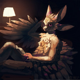 4_ears anthro biped black_body black_feathers chest_tuft eyewear feathered_wings feathers fingers fur furniture glasses holding_object lamp looking_at_viewer male markings multi_ear nude purple_body purple_eyes purple_feathers round_glasses simple_background simulated_traditional_(artwork) sitting smile solo text tuft wearing_glasses white_body winged_arms wings hilyasp avali avian absurd_res artist_name digital_media_(artwork) digital_painting_(artwork) hi_res painting_(artwork) rebelle_(artwork) signature