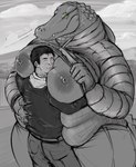 anthro between_breasts big_breasts breasts clothed clothing duo exposed_breasts eyes_closed female green_sclera hair hug huge_breasts human_on_anthro interspecies jacket male outside overweight overweight_anthro overweight_female pupils raised_clothing raised_topwear slit_pupils standing thick_thighs topwear doctordj alligator alligatorid crocodilian human mammal reptile scalie greyscale hi_res monochrome spot_color