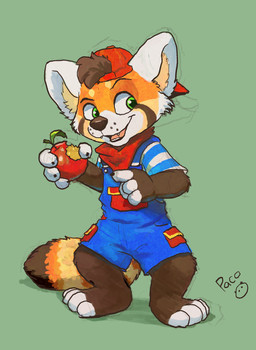 anthro apple blue_clothing blue_overalls blue_shirt blue_t-shirt blue_topwear brown_body brown_fur brown_hair brown_nose clothed clothing fangs food front_view fruit fur glistening glistening_eyes green_background green_eyes hair hat headgear headwear holding_apple holding_food holding_fruit holding_object kerchief logo male male_anthro neckerchief neckwear open_mouth open_smile orange_body orange_fur overalls pattern_clothing pattern_shirt pattern_t-shirt pattern_topwear plant red_clothing red_hat red_headwear red_kerchief red_neckerchief shirt simple_background smile solo standing striped_clothing striped_shirt striped_t-shirt striped_topwear stripes t-shirt teeth topwear white_body white_clothing white_fur white_shirt white_t-shirt white_topwear young young_anthro young_male pandapaco ailurid mammal red_panda absurd_res artist_logo full-length_portrait hi_res portrait signature