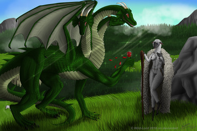 3_heads abs anthro axe bat_wings breasts cloak clothing duo fangs female feral field flower fur genitals grass green_body green_scales grey_nipples horn male melee_weapon membrane_(anatomy) membranous_wings mountain multi_head nipples nude plant purple_eyes red_eyes rose_(flower) scales sharp_teeth sky spines staff tail teeth vulva weapon wings wool_(fur) wildlord mythology miorita_(wildlord) bovid caprine domestic_sheep dragon mammal mythological_creature mythological_scalie scalie sheep 2017 3:2 hi_res