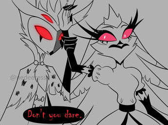 anthro arm_grab black_speech_bubble blank_expression clothing crown dialogue dress duo female grabbing_from_behind headgear husband_and_wife male married_couple red_eyes red_text royalty simple_background speech_bubble surprised text tiara nedeeress hellaverse helluva_boss stella_(helluva_boss) stolas_(helluva_boss) avian avian_demon bird demon digital_media_(artwork) english_text monochrome