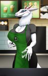 5_fingers anthro apron belt big_breasts big_ears biped black_clothing black_lips black_nails blue_eyes blurred_background bottomwear breasts clothed clothing colored_nails container cup curvy_figure detailed_background female fingers fur green_apron green_clothing holding_container holding_cup holding_object holding_pen horn lips looking_at_viewer nails neck_tuft pants pen public pupils shirt shy slit_pupils solo t-shirt topwear tuft white_body sweetmeat i_mean_breast_milk alien mammal synx 9:14 absurd_res hi_res meme