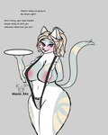 anthro big_breasts blush breasts butt clothed clothing dialogue female fur hair holding_object holding_plate huge_breasts maiden nipples open_mouth pink_nipples ponytail purple_eyes sabrina_(mzzrlaraz) simple_background solo text thick_thighs white_body white_fur mzzrlaraz domestic_cat felid feline felis mammal 4:5 absurd_res digital_media_(artwork) english_text hi_res