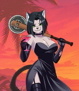 accessory anthro baseball_bat bat_(object) beverage bite_mark blood bodily_fluids breasts clothing container cup dress female female_anthro garter gloves green_eyes hair handwear holding_object looking_at_viewer saw sky smile solo tail tall tools topwear weapon wounded unknown_artist moira_(casitoarroyo) felid feline felis mammal hi_res