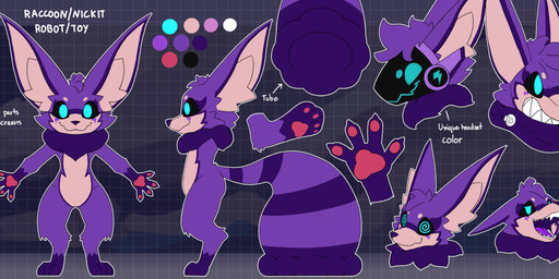 4_fingers 4_toes abstract_background ambiguous_gender anthro anthrofied big_ears big_tail biped black_sclera blue_eyes blush featureless_crotch feet fingers front_view fur hindpaw hypnosis inflatable inner_ear_fluff machine markings mind_control multiple_poses nozzle nozzle_(valve) nozzle_on_neck open_mouth painted-on_face painted-on_mouth palette pawpads paws pokemorph pose protogen_visor purple_body purple_fur sharp_teeth side_view simple_background smile solo spiral spiral_eyes standing striped_markings striped_tail stripes tail tail_markings teeth text toes tuft sexotheque nintendo pokemon denki_(kuwareru) animate_inanimate generation_8_pokemon hybrid living_inflatable mammal nickit pokemon_(species) procyonid protogen raccoon robot 2025 absurd_res english_text hi_res model_sheet nonbinary_(lore)