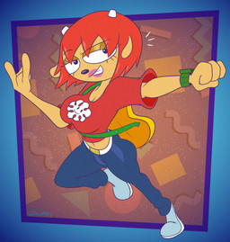 abstract_background anthro black_nose bottomwear breasts cleavage clothed clothing curvy_figure denim denim_bottomwear denim_clothing devil_horns_(gesture) electric_guitar female fur gesture guitar hair half-closed_eyes hand_gesture horn jeans midriff musical_instrument narrowed_eyes pants plucked_string_instrument red_hair running smug solo string_instrument tan_body tan_fur toony gavanzude parappa_the_rapper sony_corporation sony_interactive_entertainment um_jammer_lammy lammy_lamb bovid caprine mammal sheep alternate_version_at_paywall digital_drawing_(artwork) digital_media_(artwork) hi_res signature