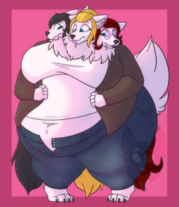 3_heads 4_claws 4_toes 5_fingers anthro barefoot belly big_belly big_breasts biped black_hair black_nose blonde_hair blue_bottomwear blue_clothing blue_eyes blue_jeans blue_pants border bottomwear breasts brown_clothing brown_jacket brown_topwear claws clothed clothing denim denim_bottomwear denim_clothing eyewear feet female female_anthro fingers fluffy fluffy_tail fur glasses hair huge_belly huge_breasts huge_thighs jacket jeans lipstick long_hair looking_down looking_down_at_self makeup multi_head navel neck_tuft obese obese_anthro obese_female open_bottomwear open_clothing open_jacket open_pants open_topwear overweight overweight_anthro overweight_female pants pigeon_toed pink_background pink_border pink_lens pink_lipstick purple_lipstick red_hair round_glasses shirt simple_background snout solo tail thick_thighs tight_clothing toe_claws toes topwear tuft unbuttoned weight_conscious white_body white_clothing white_ears white_fur white_shirt white_tail white_topwear wide_hipped_anthro wide_hipped_female wide_hips strawberrymilkdog european_mythology greek_mythology mythology tabrienna canid canid_demon canine canis cerberus demon domestic_dog hellhound mammal mythological_canine mythological_creature nordic_sled_dog samoyed spitz colored hi_res shaded watermark