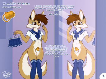 anthro balls bottomwear chastity_cage chastity_device clothed clothing countershading crossdressing femboy feminization genitals inner_ear_fluff legwear male mirror reflection skirt solo speech_bubble stockings tail tuft phenyanyanya canid canine fox mammal 2025 hi_res