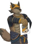 anthro armwear bottomwear brown_body brown_fur clothing detached_sleeves fur kerchief loincloth male yellow_body yellow_fur marimo1007day anothereidos_of_dragon_vein_r orta_(anothereidos_r) pollon_(anothereidos_r) canid canine canis jackal mammal absurd_res hi_res