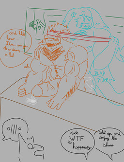 anthro armpit_hair big_muscles big_penis blue_body blue_fur bodily_fluids body_hair chest_hair cum cum_inside dialogue duo fur genital_fluids genitals hair huge_penis humanoid_genitalia humanoid_penis long_hair male male/male mature_male moan muscular pecs penetration penis precum public public_sex sex speech_bubble student teacher teacher_and_student text anonymous_artist dain_(kinozubujin) m_lescoy_(kinozubujin) felid lion mammal pantherine rhinoceros absurd_res english_text hi_res sketch