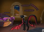 bed bedding bedroom blanket claws dialogue duo female feral furniture horn male morning open_mouth paws pillow rear_view sleeping tail text waking_up wings yawn apollyondragon activision mythology spyro_the_dragon cynder spyro dragon mythological_creature mythological_scalie scalie 2024 hi_res
