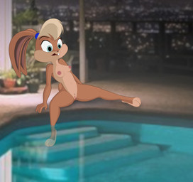 anthro blonde_hair blue_eyes breasts detailed_background female genitals hair nipples nude poolside skinny_dipping solo vulva d-sketch3r looney_tunes warner_brothers lola_bunny lagomorph mammal hi_res