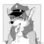 ahegao anthro bodily_fluids breath clothing cross-eyed derp_eyes drooling fangs female fur hair hat hat_only headgear headgear_only headwear headwear_only inner_ear_fluff looking_pleasured mostly_nude open_mouth orgasm_face police police_hat saliva saliva_on_tongue saliva_string solo teeth tongue tuft marcushunter sasha_(wolfn85) canid canine canis mammal wolf 1:1 2024 headshot_portrait monochrome portrait signature