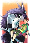 anthro blue_eyes bodily_fluids brown_hair carrying_another carrying_partner duo eye_contact eyewear fur goggles green_eyes grey_body grey_fur hair long_hair looking_at_another male male/male purple_body purple_fur smile tears teeth white_body white_fur haruma7910 bandai_namco digimon yuujin_oozora appmon appmon_(species) canid canine canis digimon_(species) human mammal shutmon wolf hi_res