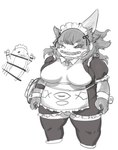 ambiguous_gender anthro apron big_breasts biped blush blush_lines bodily_fluids breasts censor_bar clothed clothing cuffs_(clothing) cutout duo eyebrows female footwear hair heterochromia maid_headdress maid_uniform navel navel_cutout open_mouth overweight overweight_anthro overweight_female sharp_teeth simple_background socks solo solo_focus standing sweat sweatdrop teeth uniform unnecessary_censorship white_background yoona made_in_abyss maaa nishagora narehate 2022 censored greyscale hi_res monochrome