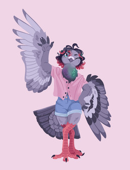 ahoge ambiguous_gender anthro beak beak_closed bird_legs black_body black_feathers black_fingers blue_bottomwear blue_clothing blue_eyes blue_shorts bottomwear cere_(anatomy) chest_tuft claws clothing collared_shirt curvy_figure denim denim_bottomwear denim_clothing denim_shorts dress_shirt eyebrows feathered_wings feathers green_eyes grey_body grey_feathers grey_fingers hair hourglass_figure legband mouth_closed multicolored_eyes neck_tuft outline pink_clothing pink_eyes pink_hair_tips pink_legs pink_shirt pink_topwear shirt shorts simple_background solo standing tail tail_feathers toe_claws topwear tuft two_tone_eyes white_body white_feathers white_outline winged_arms wings strflr cc0 creative_commons juwan avian bird columbid pigeon rock_dove 2026 colored digital_drawing_(artwork) digital_media_(artwork) full-length_portrait portrait