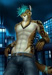 abs anthro belt bottomwear city city_background clothing hair looking_at_viewer male pants shirtless smile solo standing statik cheetah felid feline mammal hi_res