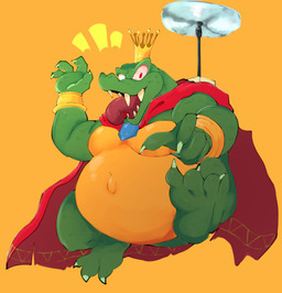 3_toes 4_fingers anthro armor backpack barefoot belly biceps big_belly bloodshot_eyes bracelet cape cape_only claws clothing crown fangs featureless_crotch feet finger_claws fingers front_view gem gold_(metal) gold_bracelet gold_jewelry green_body green_scales green_tail headgear jewelry king looking_at_viewer male mostly_nude musclegut muscular muscular_anthro muscular_male navel open_mouth open_smile outie_navel overweight overweight_anthro overweight_male pecs pink_tongue propeller royalty scales sharp_teeth simple_background smile smiling_at_viewer snout solo tail teeth toe_claws toes tongue tongue_out white_claws yellow_background monkelad donkey_kong_(series) nintendo king_k._rool crocodile crocodilian kremling reptile scalie 2021 absurd_res digital_media_(artwork) full-length_portrait hi_res portrait shaded