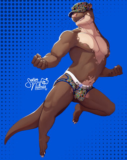 anthro baseball_cap blue_background blue_bottomwear blue_clothing bottomwear brown_body brown_fur bulge clothed clothing detailed_bulge fist fur furgonomic_headwear furgonomics grin hat hat_over_eyes headgear headwear inner_ear_fluff jockstrap long_tail male markings multicolored_body multicolored_fur muscular navel nipples otter_tail partially_clothed pink_nipples pink_nose simple_background smile solo spots spotted_body spotted_fur tail tan_body tan_fur teeth tuft two_tone_body two_tone_fur underwear whiskers senor_nutria rudderbutts lars_(rudderbutts) giant_otter mammal mustelid otter river_otter hi_res watermark