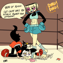 anthro black_arms black_body black_fur blush blush_lines bottomwear boxing_gloves bruised bruised_eye clothing container cup defeated dialogue duo feet female fighting_ring foot_on_tongue foot_wrapping foot_wrappings foot_wraps for_a_head fur handwear kickboxing knock_out knockout lecture leg_wrap leg_wraps muay_thai shorts speech_bubble tall_girl tassels tea_bag tea_cup text tongue_on_foot toony topwear white_face wraps yellow_body fellowthewulf cuphead_(game) studio_mdhr chloe_(fellowthewulf) fan_character miss_tea_(netto-painter) humanoid mammal object_head unknown_species 1:1 comic english_text hi_res
