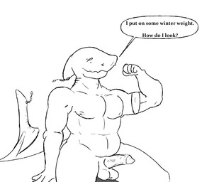 anthro belly flexing genitals half-erect male muscular penis sitting solo text waltzy_kins aquatic fish shark english_text hi_res monochrome