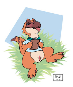 animal_genitalia becoming_erect blush bodily_fluids bottomless clipboard clothed clothing genital_fluids genital_slit genitals grass half-erect leaking_precum looking_at_viewer lying male on_back partially_clothed penis plant precum scarf shirt simple_background solo spread_legs spreading tapering_penis tongue tongue_out topwear kodithebre kodithebree amber_isle adi_ambertail dinosaur megalosaurid megalosaurus prehistoric_species reptile saurischian scalie theropod hi_res