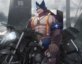 abs anthro armband backpack black_nose blue_eyes bottomwear cigarette clothed clothing cloud cute_fangs detailed_background dog_tags driving ear_piercing ear_ring fangs fur gloves glowing glowing_eyes grey_body grey_fur handwear head_tuft kemono looking_at_viewer male motorcycle mouth_hold multicolored_body multicolored_fur muscular muscular_anthro muscular_male neck_tuft object_in_mouth open_mouth outside pecs piercing raining ring_piercing shorts sky smoking solo standing teeth text tongue topless tuft two_tone_body two_tone_fur vehicle white_body white_fur nekojita wolf_(nekojita) canid canine canis mammal wolf hi_res japanese_text