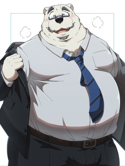 anthro black_nose blush bottomwear chubby_cheeks clothing double_chin kemono male mature_male necktie overweight overweight_male pants shirt solo standing topwear undressing emufu bear mammal polar_bear ursine 2026 3:4 hi_res
