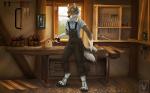 4_toes 5_fingers anthro bavaria biped black_nose calendar calendar_pinup clothed clothing detailed_background digitigrade feet fingers floor male medieval_architecture osha_violation overalls smile solo standing toes tool_wall tools wood wood_floor working workshop minerea canid canine canis domestic_dog mammal 16:10 2018 detailed digital_media_(artwork) hi_res widescreen