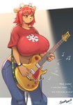 5_fingers anthro big_breasts black_nose blue_eyes bottomwear breasts clock clothed clothing denim denim_bottomwear denim_clothing dialogue electric_guitar eyebrow_through_hair eyebrows eyelashes female fingers frown fully_clothed guitar hair half-closed_eyes holding_guitar holding_musical_instrument holding_object huge_breasts jeans musical_instrument narrowed_eyes nipple_outline offscreen_character pants playing_guitar playing_music plucked_string_instrument red_hair shirt short_hair solo string_instrument t-shirt text topwear translucent translucent_hair watch wristwatch saasmimz parappa_the_rapper sony_corporation sony_interactive_entertainment um_jammer_lammy lammy_lamb bovid caprine mammal sheep 2025 absurd_res artist_name dated english_text hi_res