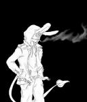 anthro buckteeth clothed clothing cold ear_piercing front_view fur hoodie jacket jewelry leather leather_clothing leather_jacket leather_topwear long_ears male piercing pose smoke smoking solo spade_tail standing tail teeth topwear madlag wrath_(madlag) demon lagomorph leporid mammal rabbit 2019 alpha_channel digital_drawing_(artwork) digital_media_(artwork) hi_res monochrome portrait