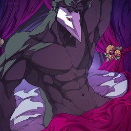 abs anthro bed bed_sheet bedding biceps black_body black_hair curtains erection flower furniture hair male mask muscular muscular_anthro muscular_male navel nude pecs plant red_eyes solo yeensinjeans deltarune undertale_(series) avian darkner swatchling 1:1