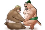 anime_nosebleed anthro belly blood blush bodily_fluids brown_body brown_fur duo embarrassed eyebrows fur kneeling male male/male musclegut muscular nipples nosebleed pecs sitting sumo sumo_wrestler sweat thick_eyebrows topknot inunodaidokoro lifewonders tokyo_afterschool_summoners ashigara_(tas) yasuyori_(tas) bear canid canine canis domestic_dog mammal hi_res